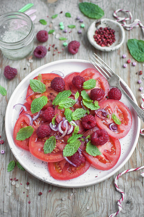 Summer Salad With Tomatoes, Raspberries, Red Onion And Mint Photograph by Kachel Katarzyna
