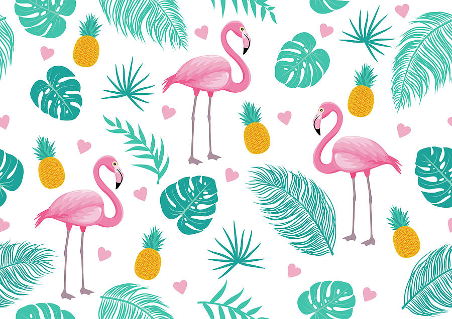 Summer Seamless Pattern Of Flamingo And Tropical Leaves Digital Art
