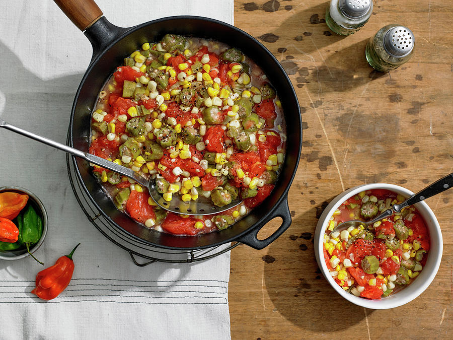 Summer Southern Succotash Of Okra, Ripe Tomatoes, Freshly Cut Corn Kernels And Habanero Chile Photograph by Michael Kraus