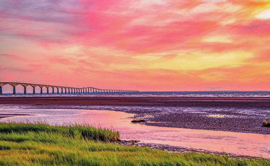 Summer Sunset at Confederation Bridge, Painterly Photograph by Marcy Wielfaert