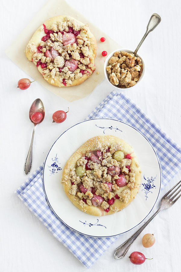 Summer Yeast Dough Cakes With Gooseberries, Redcurrants And Oat Crumbles Photograph by Tamara Staab