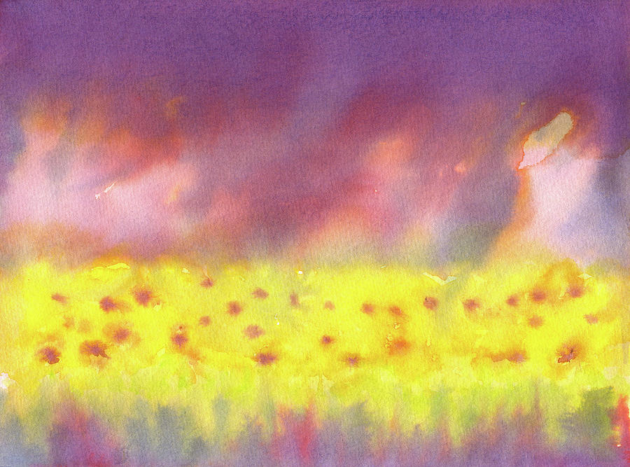 Summerstorm over sunflower field Painting by Karen Kaspar