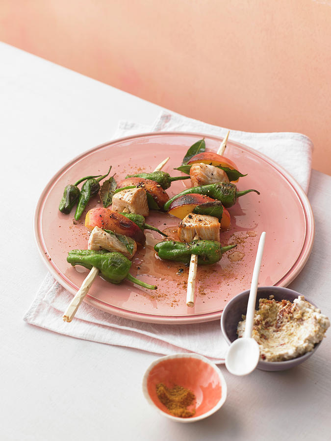 Summery Poultry Kebabs With Peaches, Chili Peppers And An Olive Dip Photograph by Jan-peter Westermann