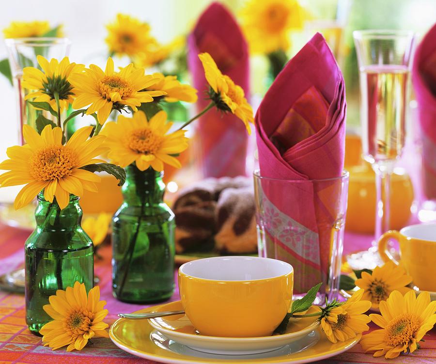 Summery Table Laid For Coffee, With Sunflowers Photograph by Friedrich Strauss