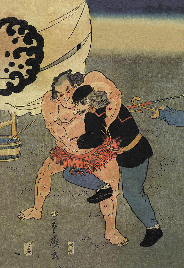 Sumo Wrestler Takes on a Foreigner Painting by Utagawa Shigetoshi