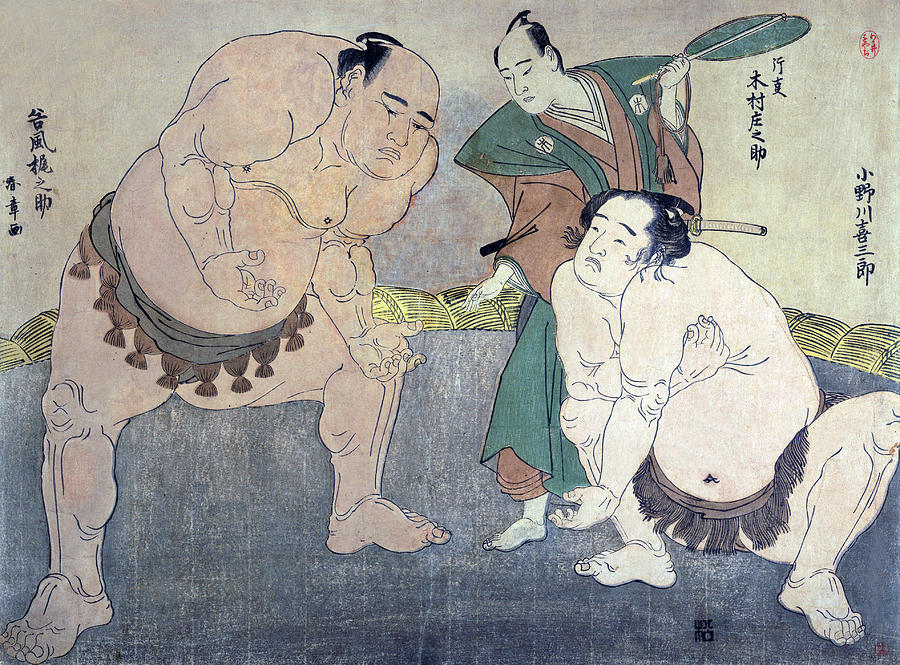 Sumo Wrestlers & Referee Painting by Katsukawa Shunsh?