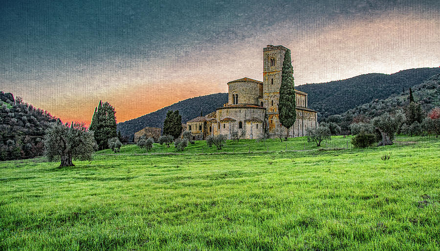 Abbey of Sant Antimo Sunset, Textured Photograph by Marcy Wielfaert