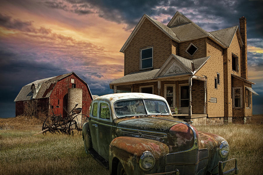 Sun Setting on an Abandoned Small Farm with old Automobile Photograph by Randall Nyhof