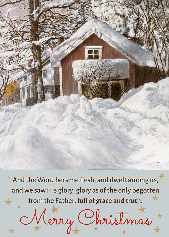 Sunbreak after Snowfall - Christmas card version Painting by Hans Egil Saele