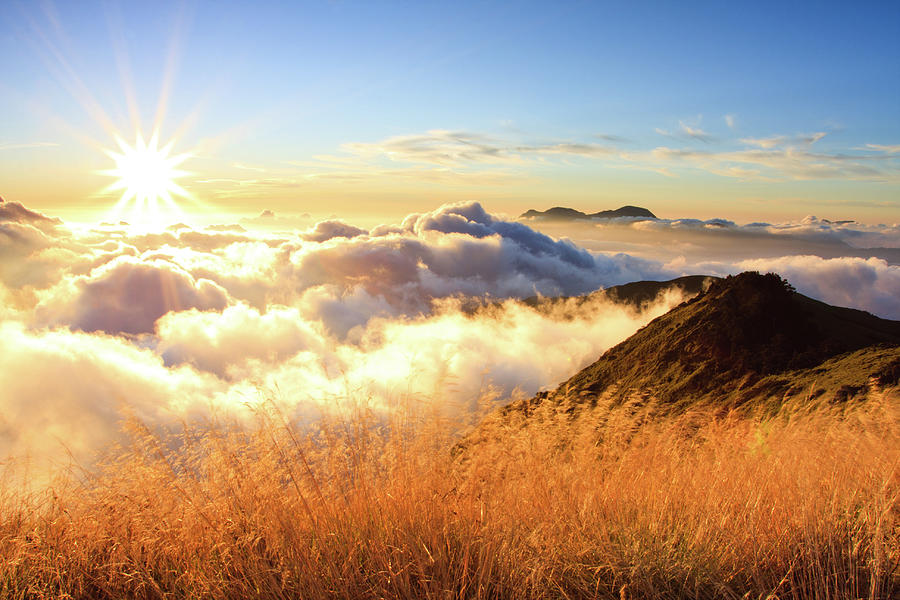 Sunburst Over Mountain With Clouds Photograph by Samyaoo