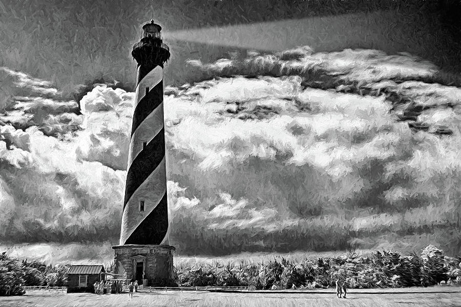 Sunday at the Hatteras Lighthouse BW Digital Art by Dan Carmichael