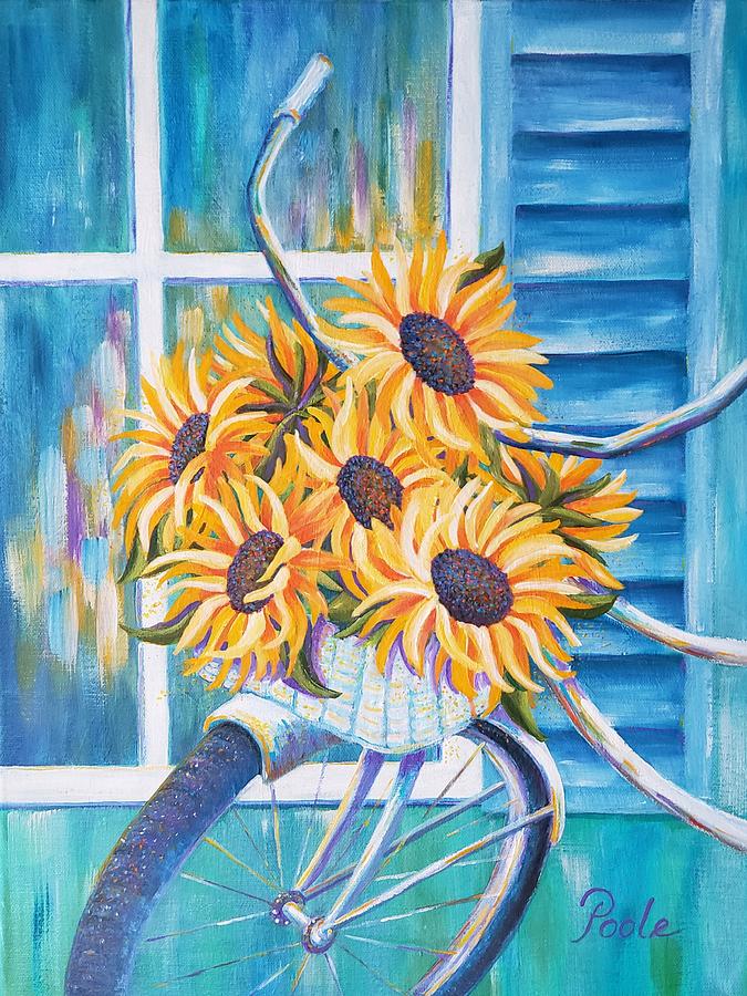 Sunflower Bicycle at Seaside Cottage  Painting by Pamela Poole