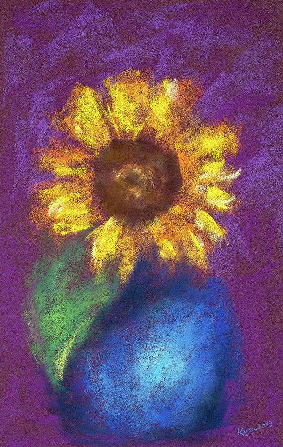Sunflower in blue vase stilllife 1 Painting by Karen Kaspar