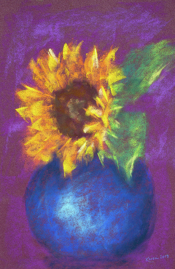 Sunflower in blue vase stilllife 2 Painting by Karen Kaspar