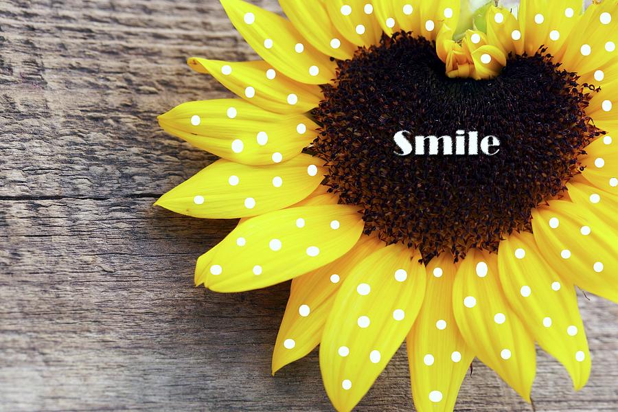 Sunflower With Spots On Petals & The Word smile Across The Centre Photograph by Angelica Linnhoff