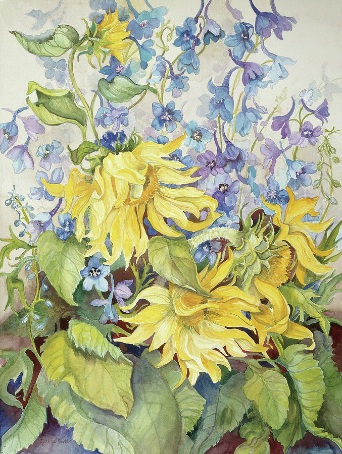 Sunflowers & Blue Delphinium Painting by Joanne Porter