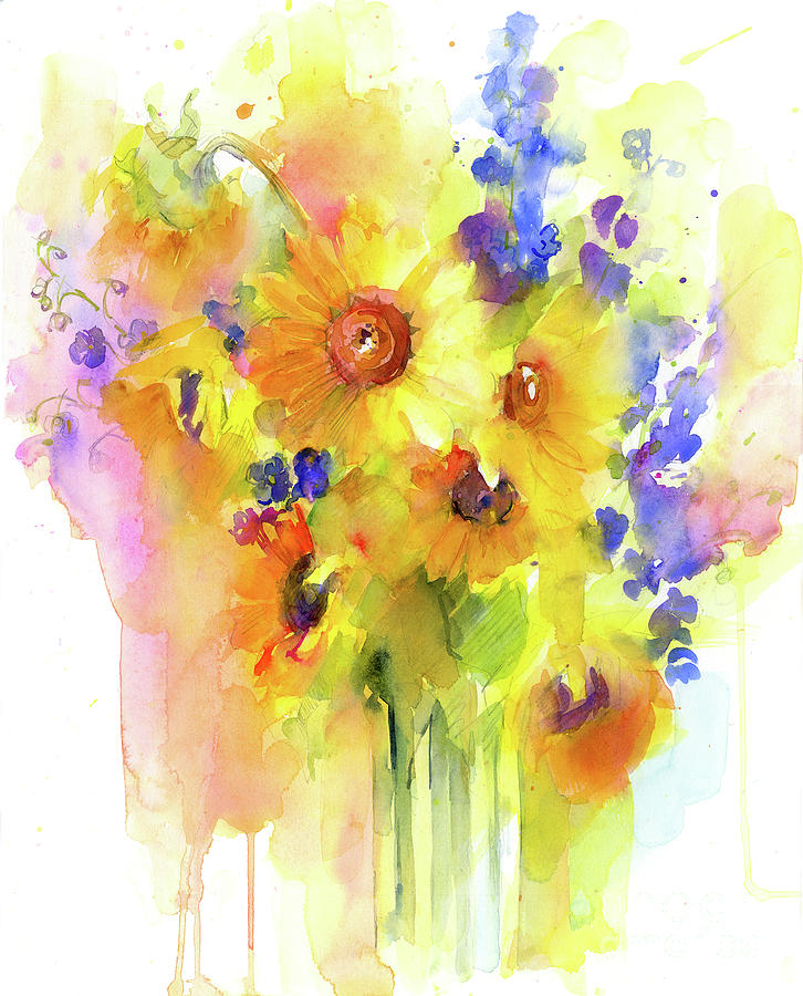 Sunflowers And Delphinium, 2016 Watercolor Painting by John Keeling