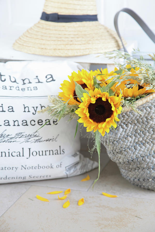 Sunflowers And Grasses In Shopping Bag Photograph by Sonja Zelano