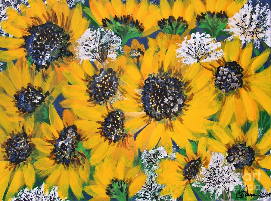 Sunflowers and Queen Ann Lace Large Print Version Painting by Barbara Donovan