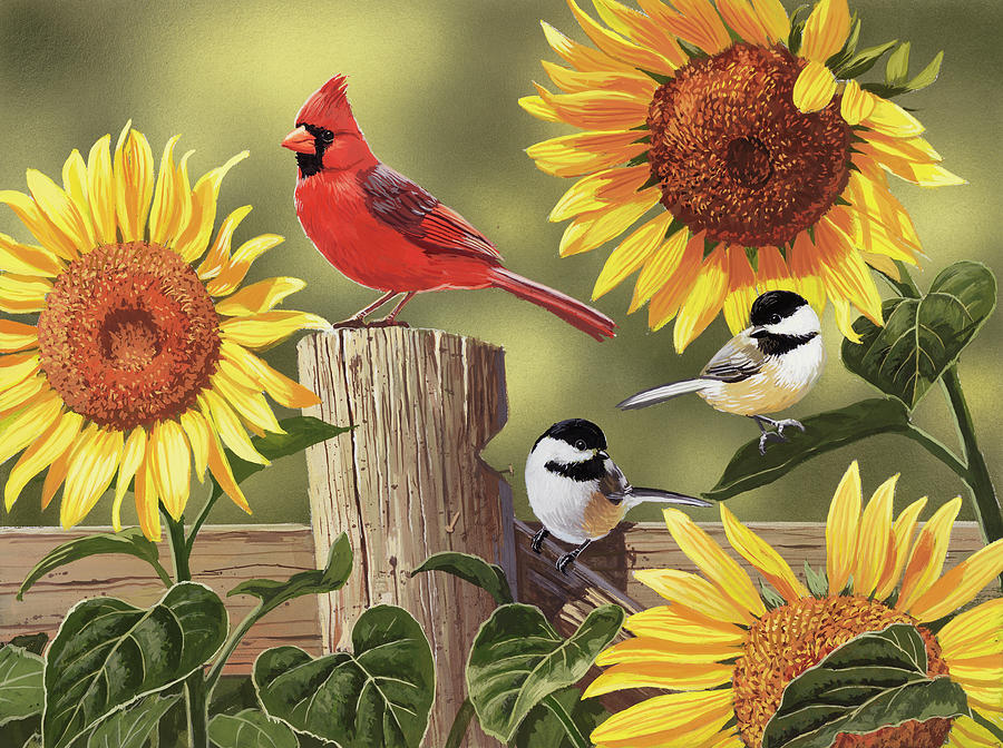 Cardinal Painting - Sunflowers And Songbirds by William Vanderdasson