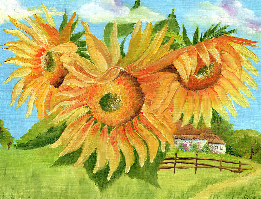 Sunflowers and Ukrainian hut Painting by Yuliya Eroshenko - Fine Art ...