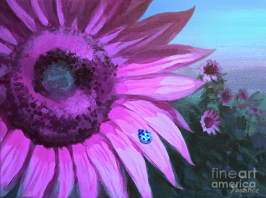 Ladybug Painting - Sunflowers Embraced the Sunset by Yoonhee Ko