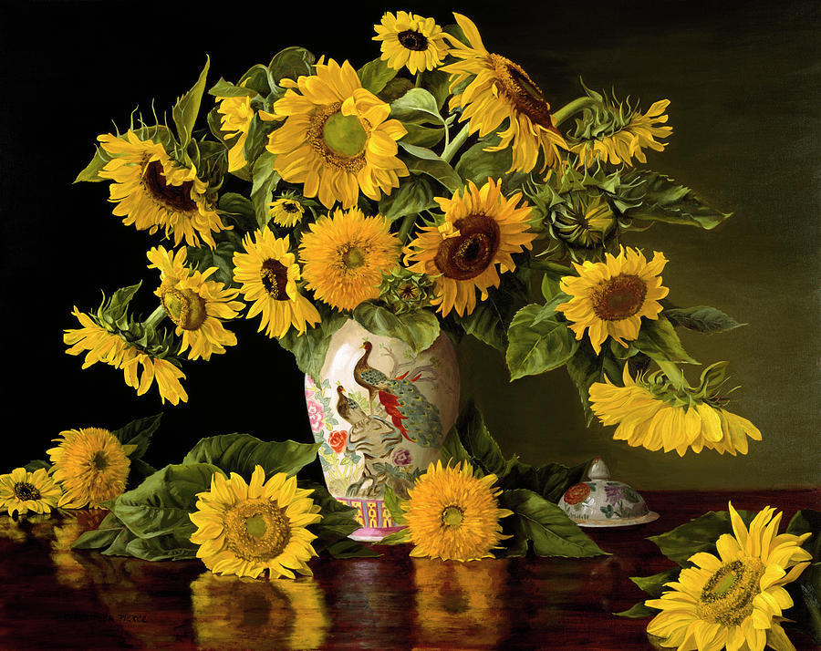 Sunflowers Painting - Sunflowers In A Chinese Peacock Vase by Christopher Pierce