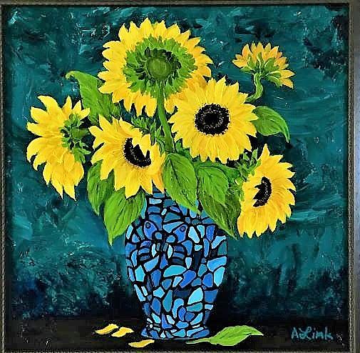 Sunflowers painted on glass.