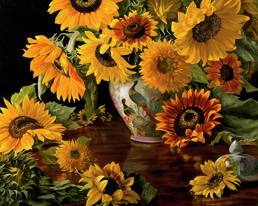 Sunflowers Painting - Sunflowers In A White Chinese Vase by Christopher Pierce