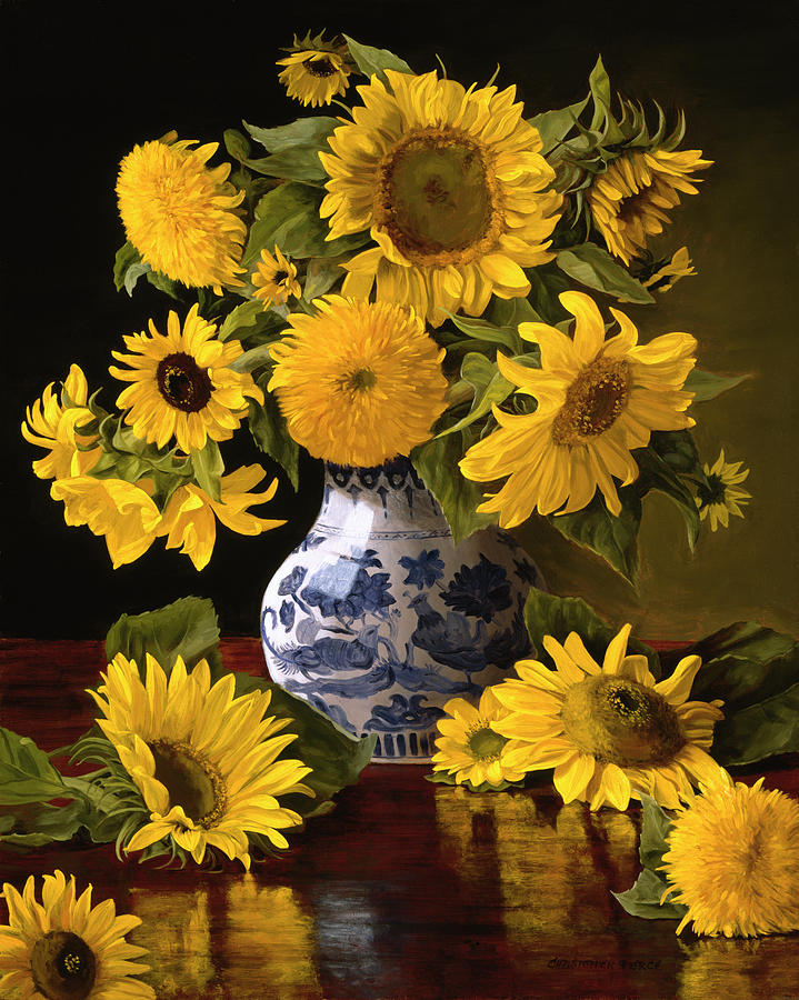 Sunflowers Painting - Sunflowers In Blue & White Chinese Vase by Christopher Pierce