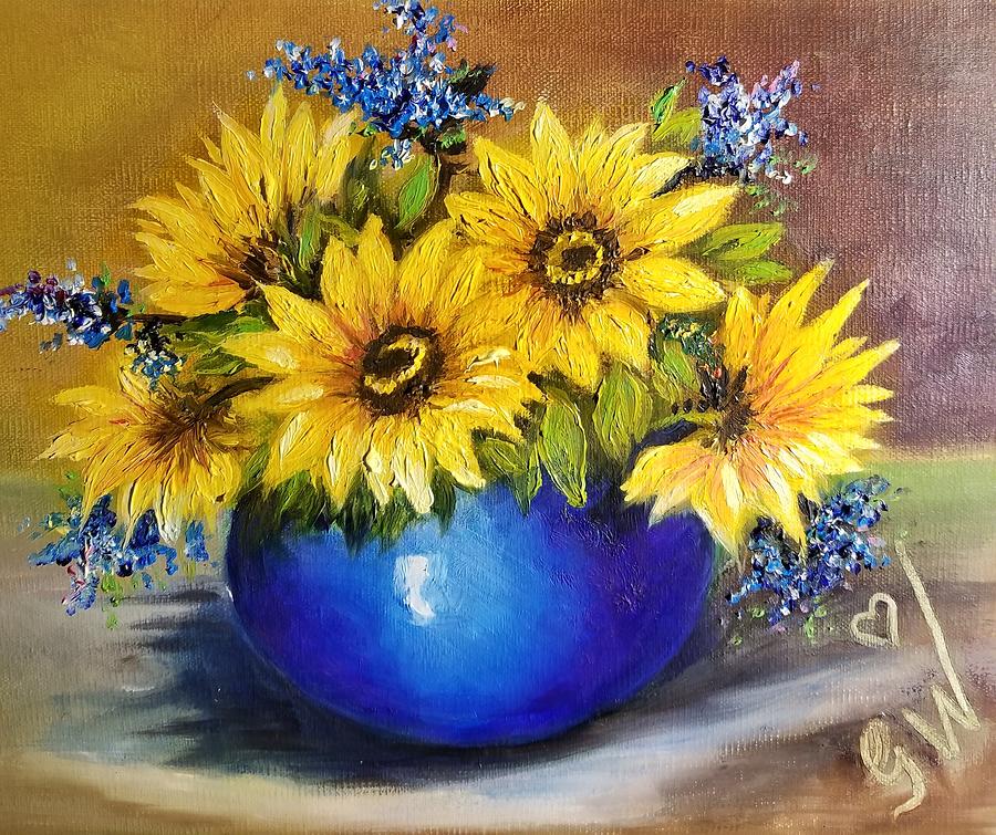 Sunflowers in blue pot Painting by Gladys Waters Fine Art America
