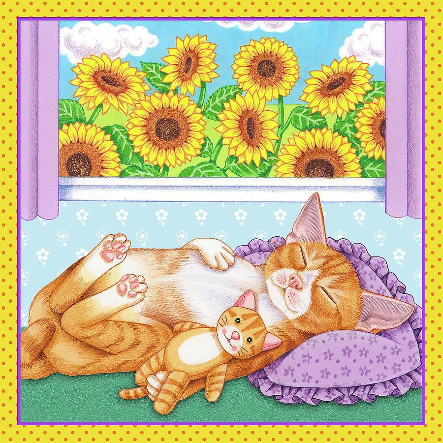 Summer Mixed Media - Sunflowers Kitten by Tomoyo Pitcher