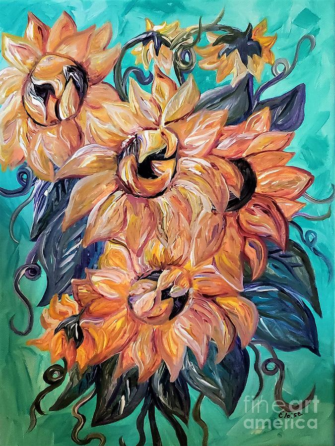 Sunflowers On A Teal And Blue Background Painting
