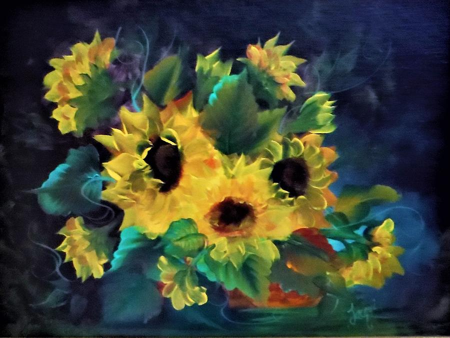 Sunflowers on Blue Painting by Jacqueline Whitcomb