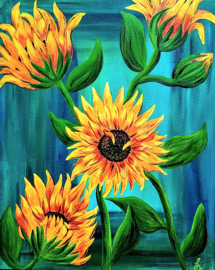 Sunflowers On Blue Painting by Lisa Feagans