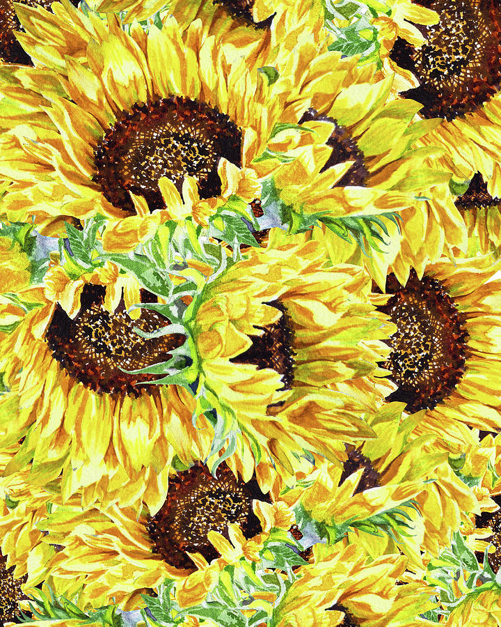 Sunflowers Pattern Watercolor Flowerbed Painting