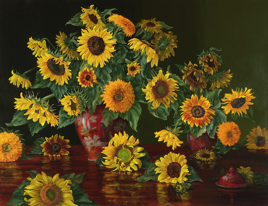 Sunflowers Painting - Sunflowers With Two Crimson Vases by Christopher Pierce