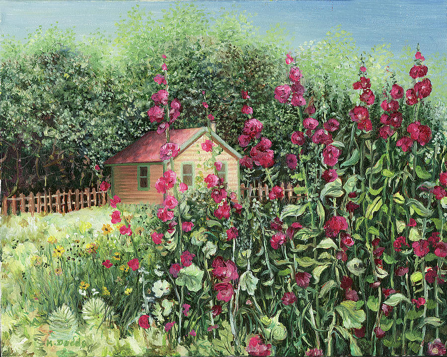 Garden Painting - Sunlight On Hollyhocks by Kevin Dodds