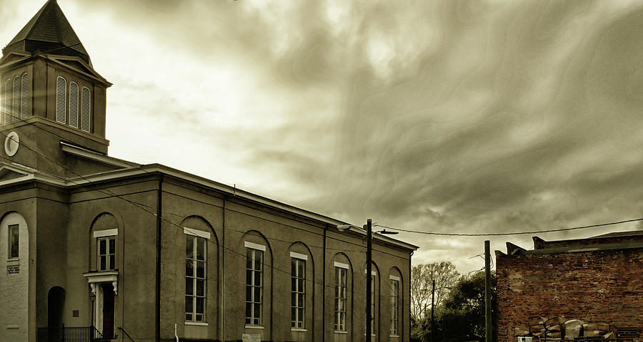 Sunlight on the Belltower of Historic First African Baptist Church, Savannah in Sepia Photograph by Rebecca Carr