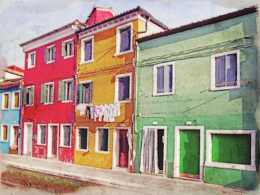 Architecture Painting - Sunlit canal houses in Burano Venice by Philip Openshaw