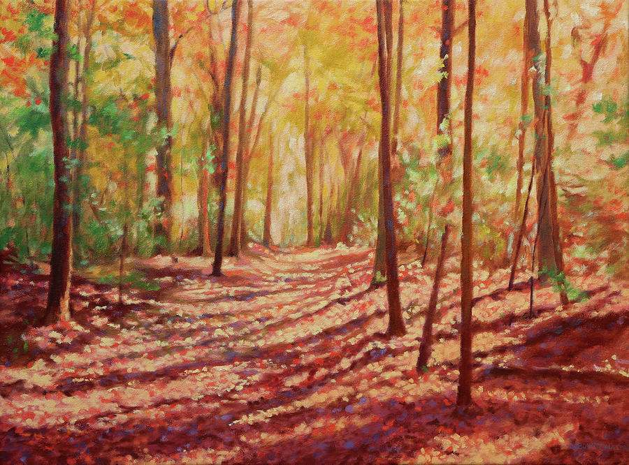 Hiking Trail Painting - Sunlit Forest - Trail At Fairy Stone Park by Bonnie Mason Hiking Trail Painting - Sunlit Forest - Trail At Fairy Stone Park by Bonnie Mason