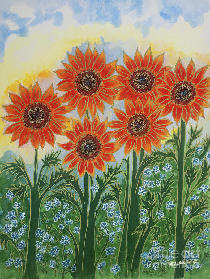 Sunny Red-Orange Sunflowers Painting by Holly Carmichael