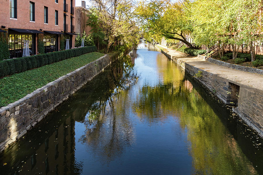 Sunny Towpath - Reflections in Chesapeake and Ohio Canal in Georgetown Washington D C Photograph by Georgia Mizuleva