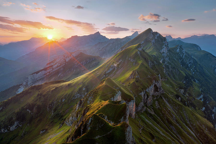 Sunrise Above The Alps With View Towards The Grat Mountain Between ...