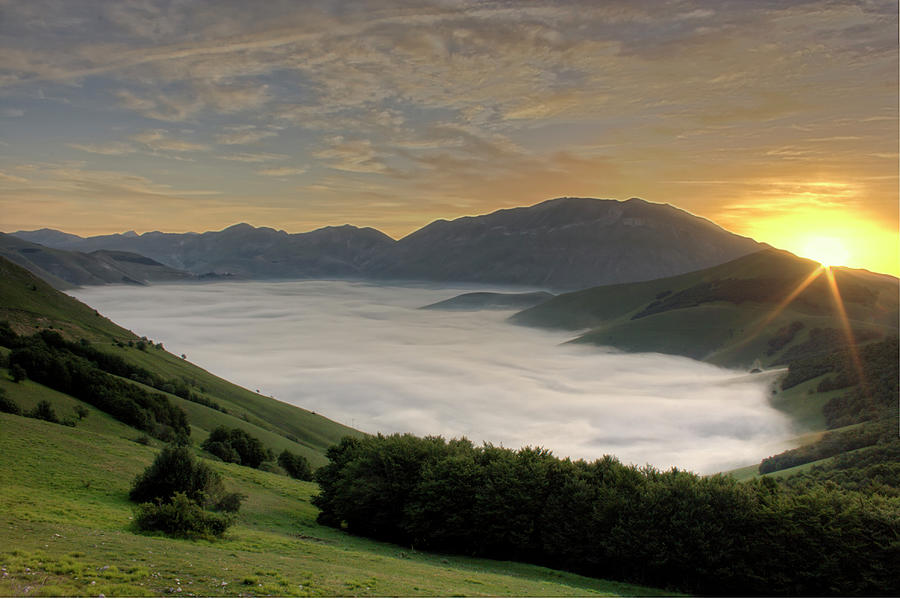 Sunrise And Fog Over Mountain Photograph by Di Roberto Casoni