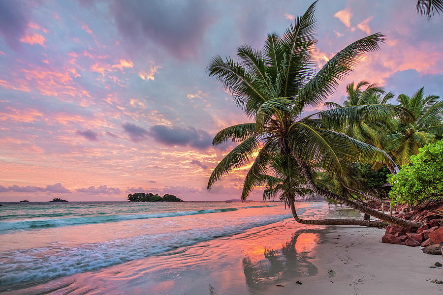 Sunrise, Anse Volbert, Seychelles Digital Art by Reinhard Schmid