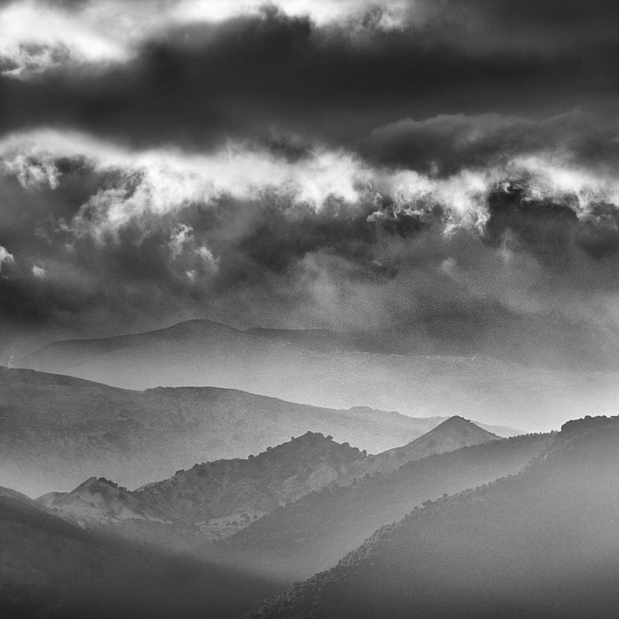 Sunrise at the misty mountains. Square. BW Photograph by Guido Montanes ...