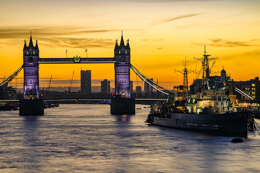 Sunrise At Tower Bridge In London, England, With Hms Belfast In The Frame. Photograph