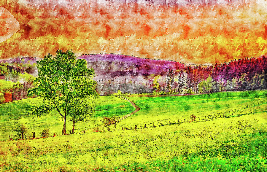 Sunrise Countryside watercolor drawing Drawing by Hasan Ahmed Fine
