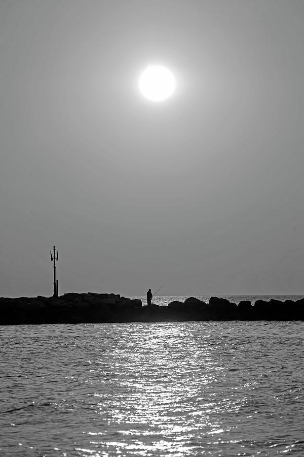 Sunrise Fishing on Green Harbor Beach Marshfield MA Black and White Photograph by Toby McGuire